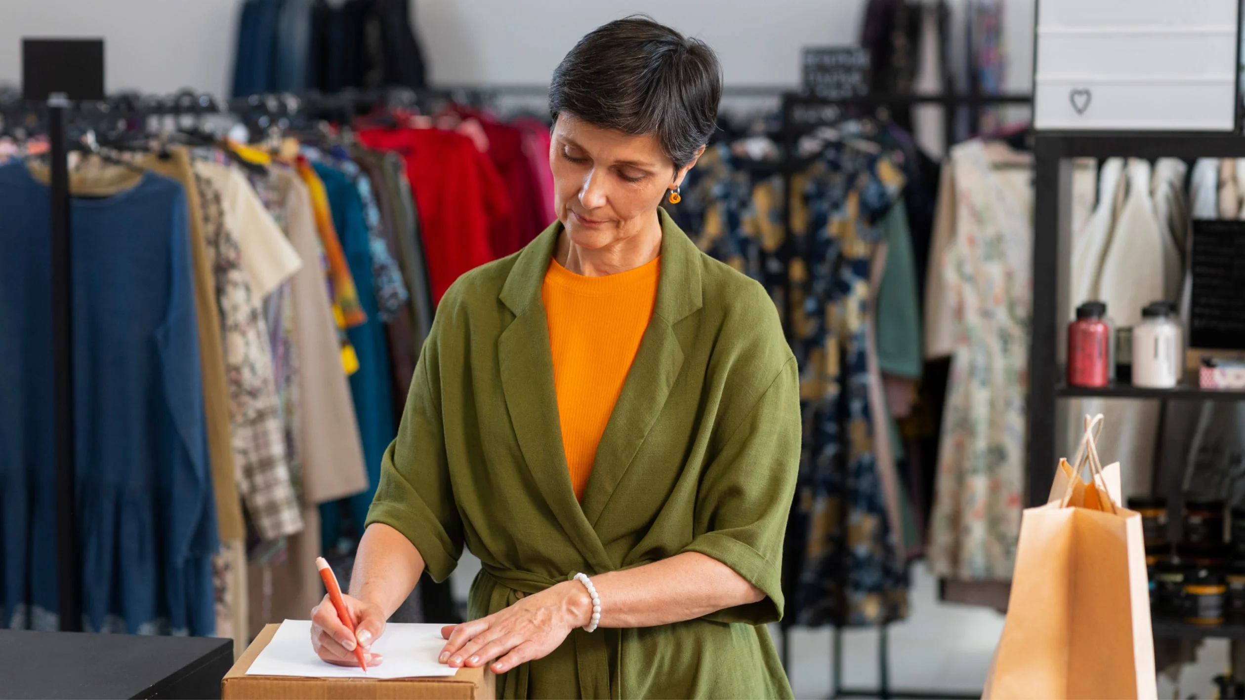 A woman in a green cardigan stands in a clothing store, writing on a notepad placed on a box. Clothing racks with various garments and a shopping bag are visible in the background.