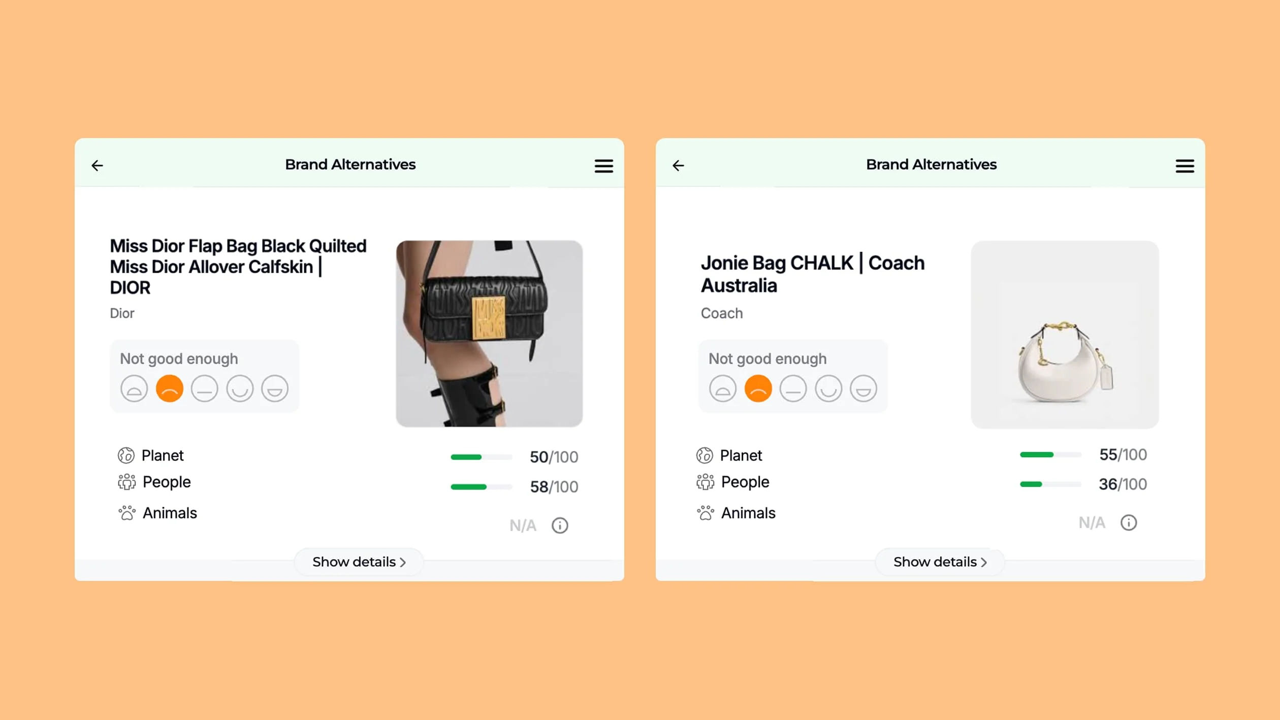 Two product cards compare the sustainability of designer handbags. The left card shows a black Dior bag, the right a white Coach bag. Both have ratings for planet, people, and animals, with accompanying bar graphs and scores displayed.