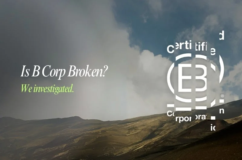 A mountainous landscape with the text "Is B Corp Broken? We investigated." and a fragmented B Corp certification logo overlaying the image.