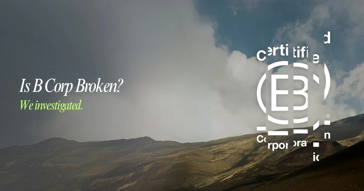 A mountainous landscape with the text "Is B Corp Broken? We investigated." and a fragmented B Corp certification logo overlaying the image.