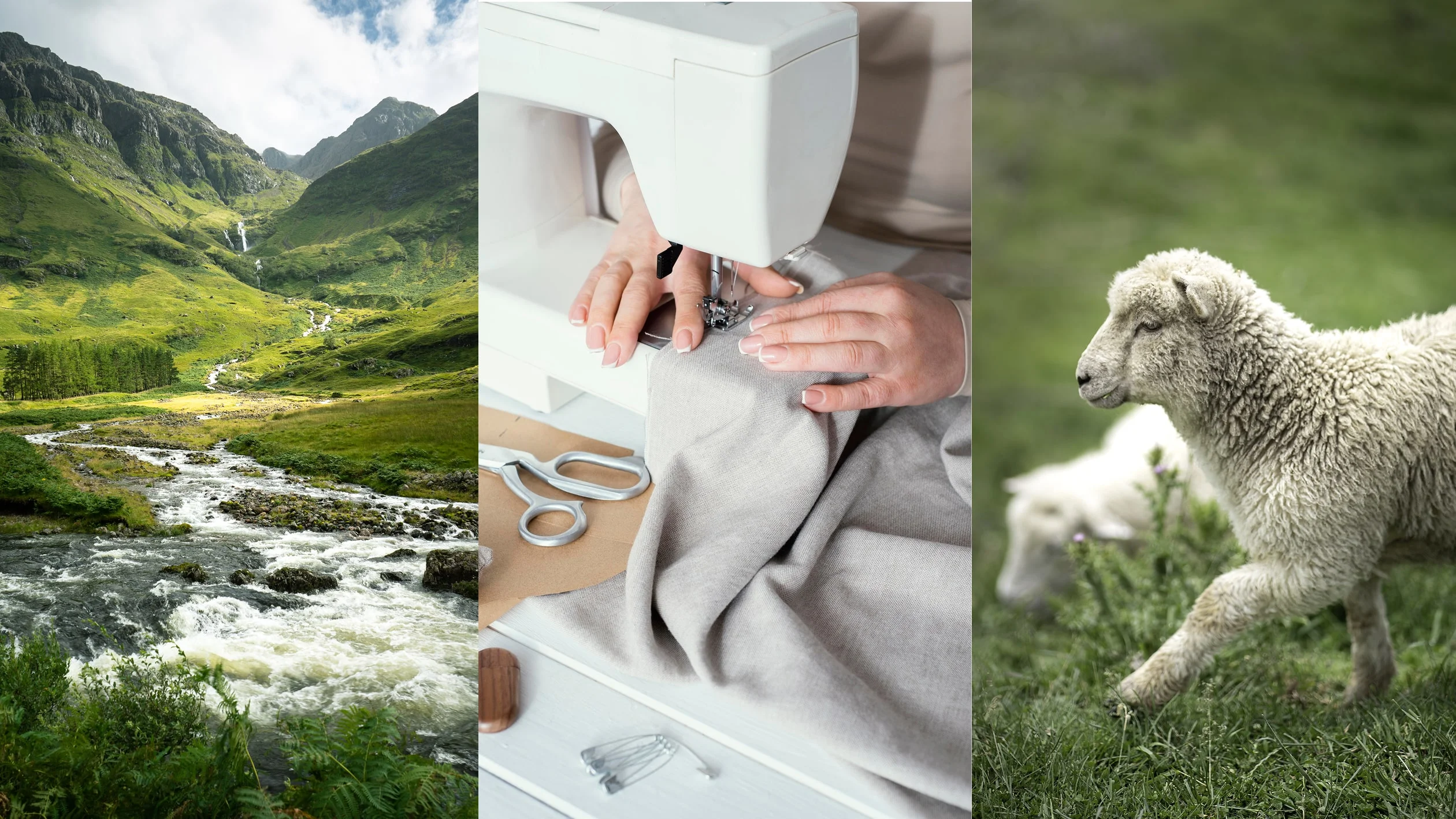 A collage featuring sheep, a person sewing, and a serene mountain stream, showcasing rural life and craftsmanship.
