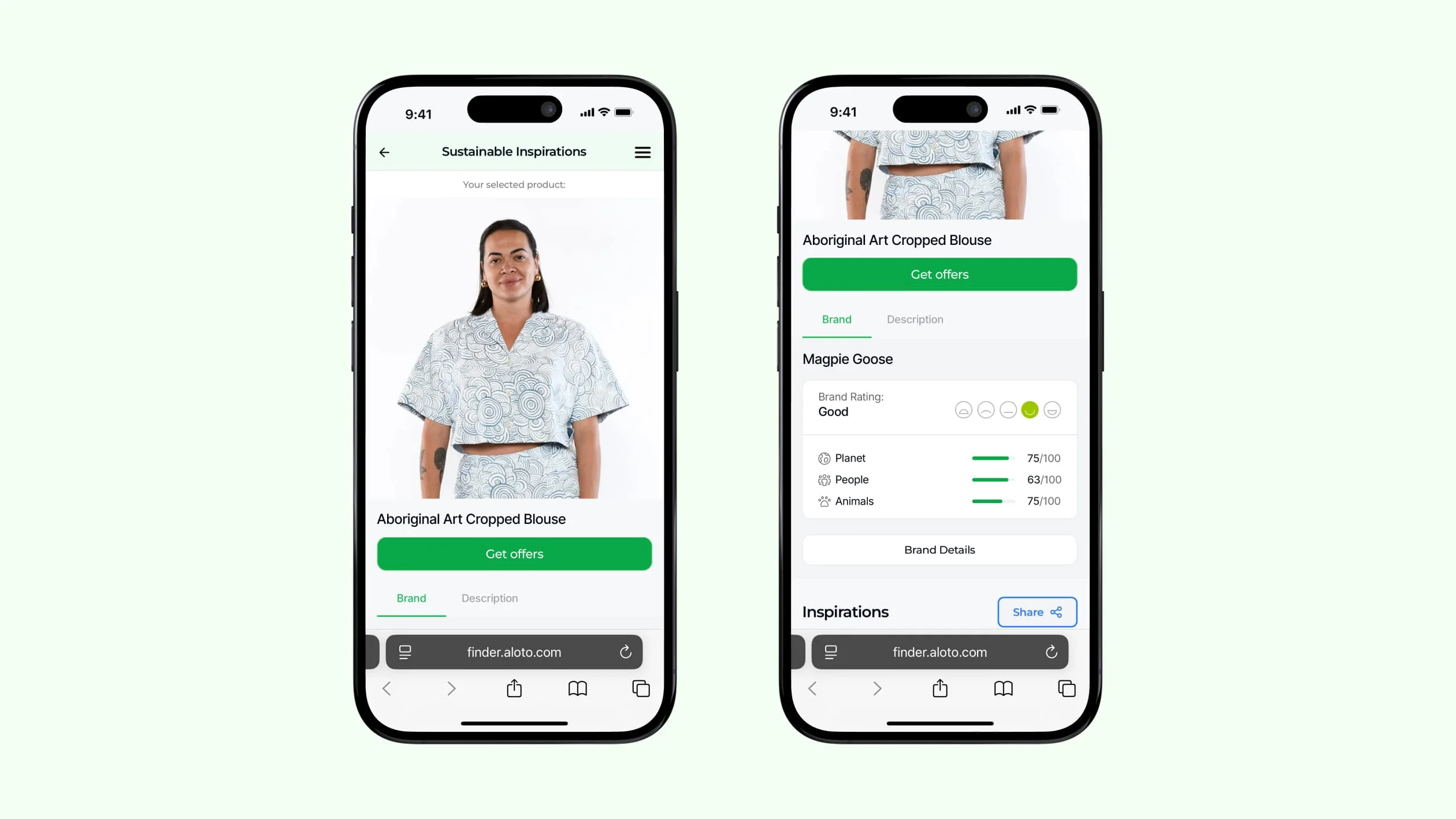 Two iPhones side by side, each displaying the same product on a shopping app interface.