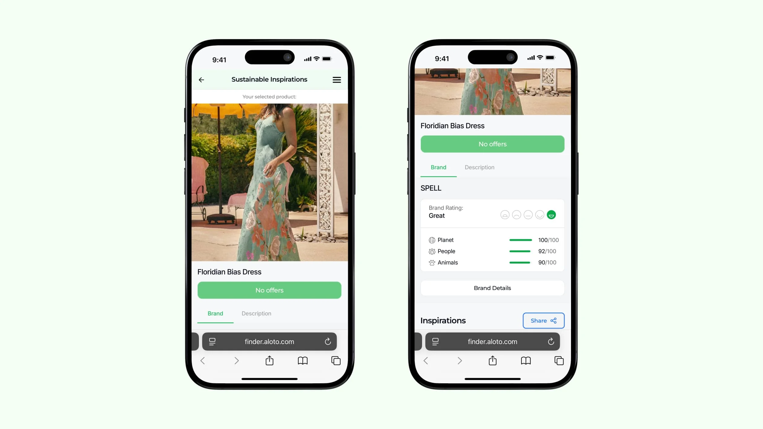 Two iPhones display the same image of a woman wearing a stylish dress, showcasing the design on each screen.