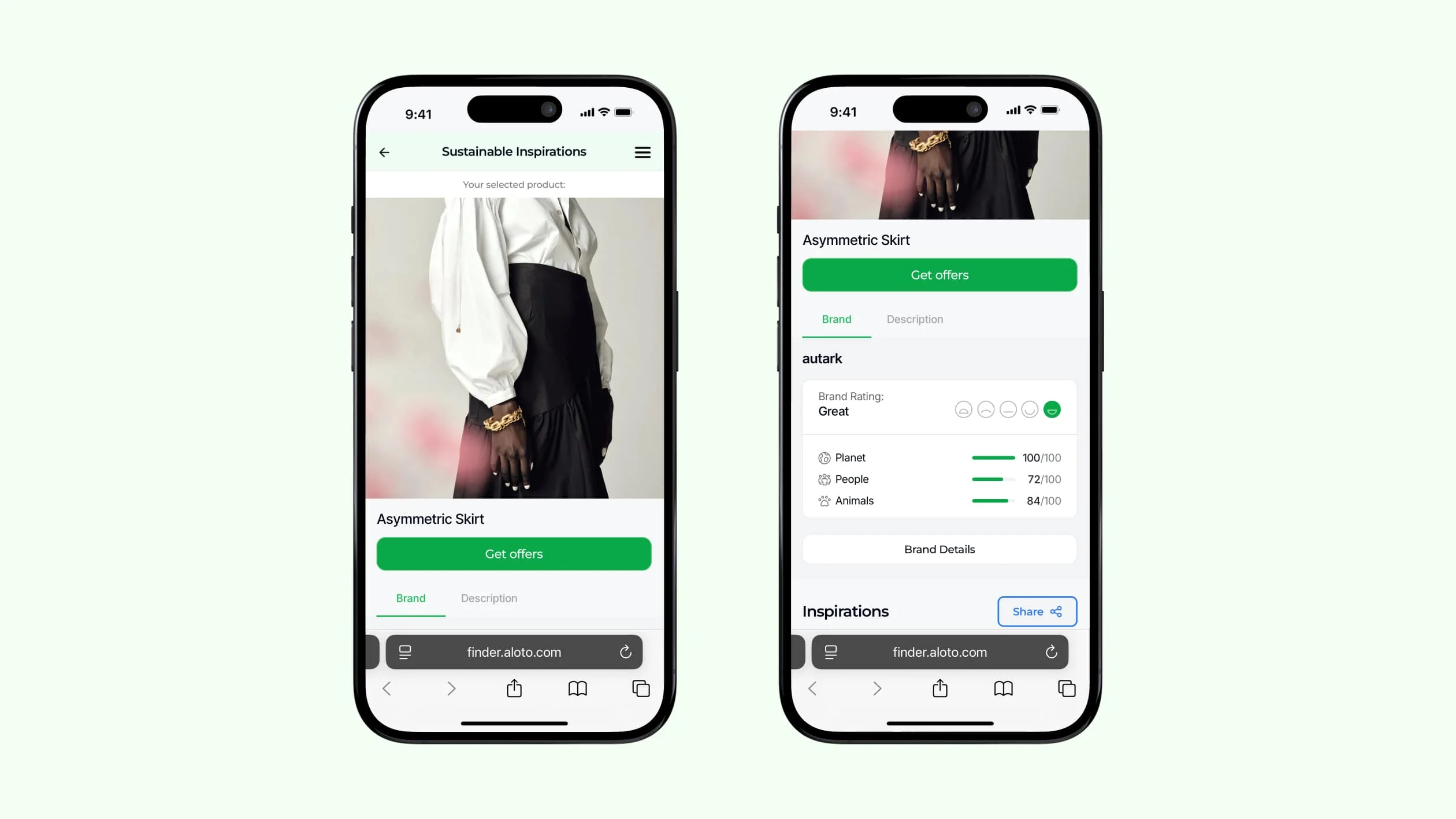 Two iPhones displaying the same app interface side by side on a neutral background.