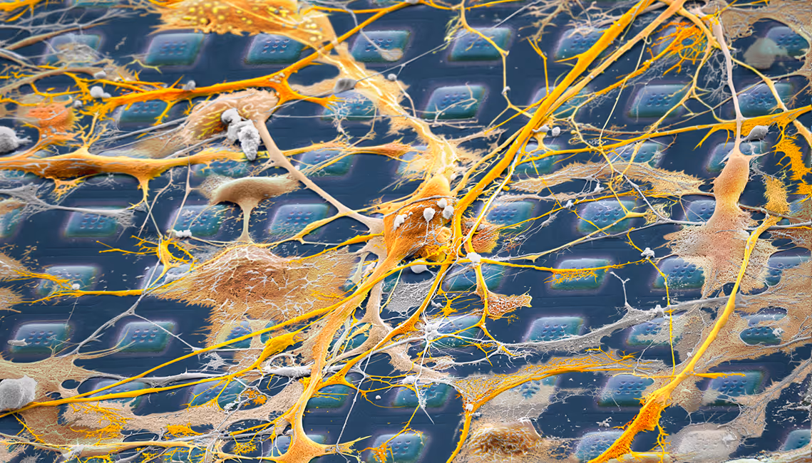 Scanning electron microscopy image of MaxWell Biosystems' HD-MEA with neurons plated on top. The array is visible in blue, the neurons are colored in orange.