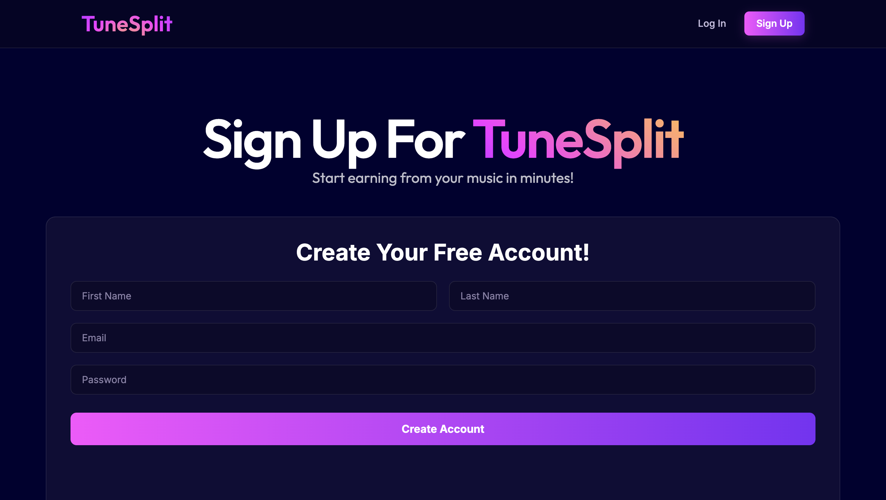 TuneSplit Sign Up Dashboard