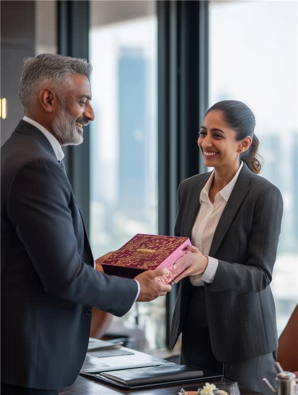Smiling man in a suit hands a decorative gift box to a woman in business attire in an office with large windows.