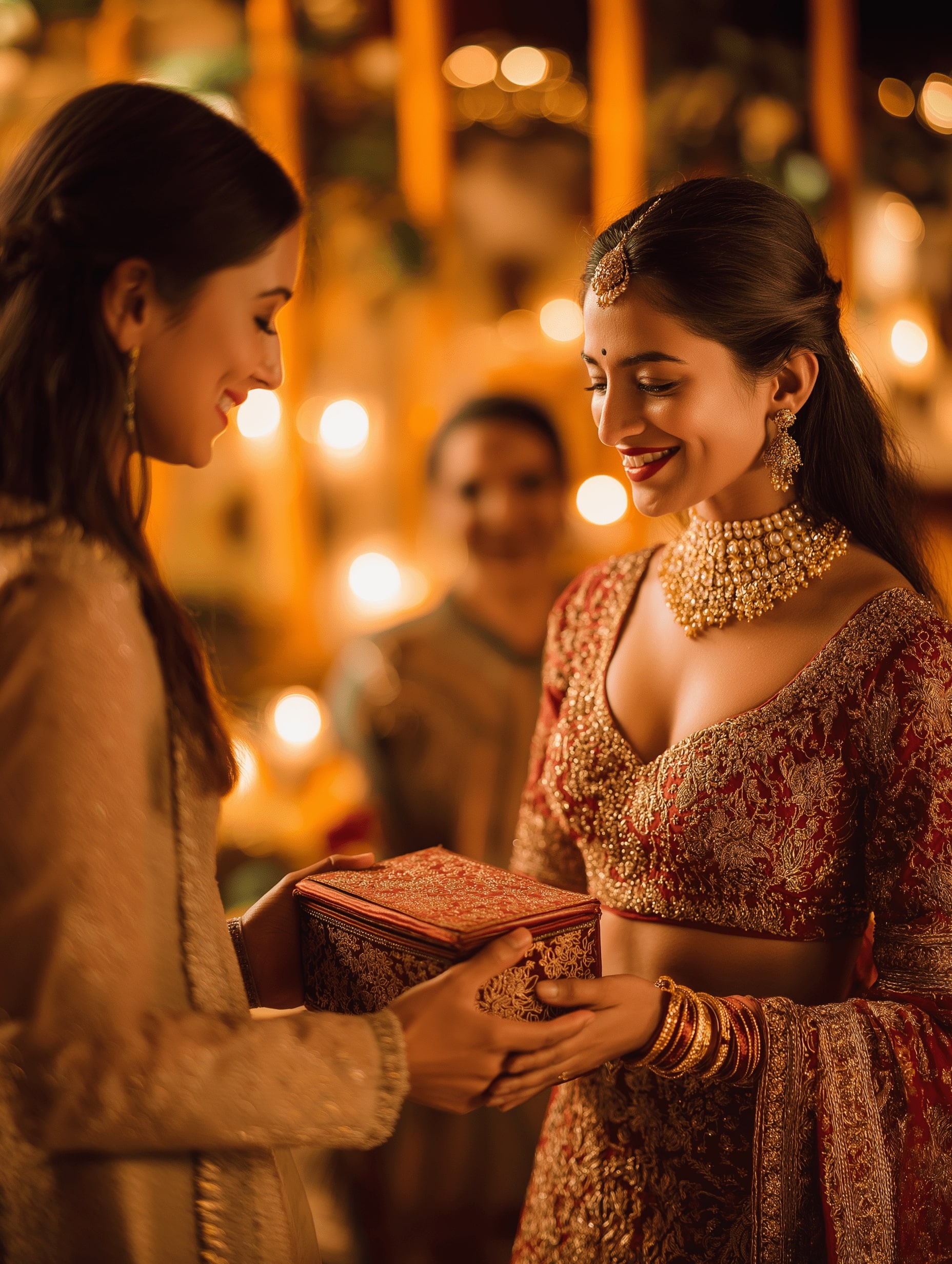 Two women in ornate traditional Indian attire exchanging a decorative red and gold box at a festive event.