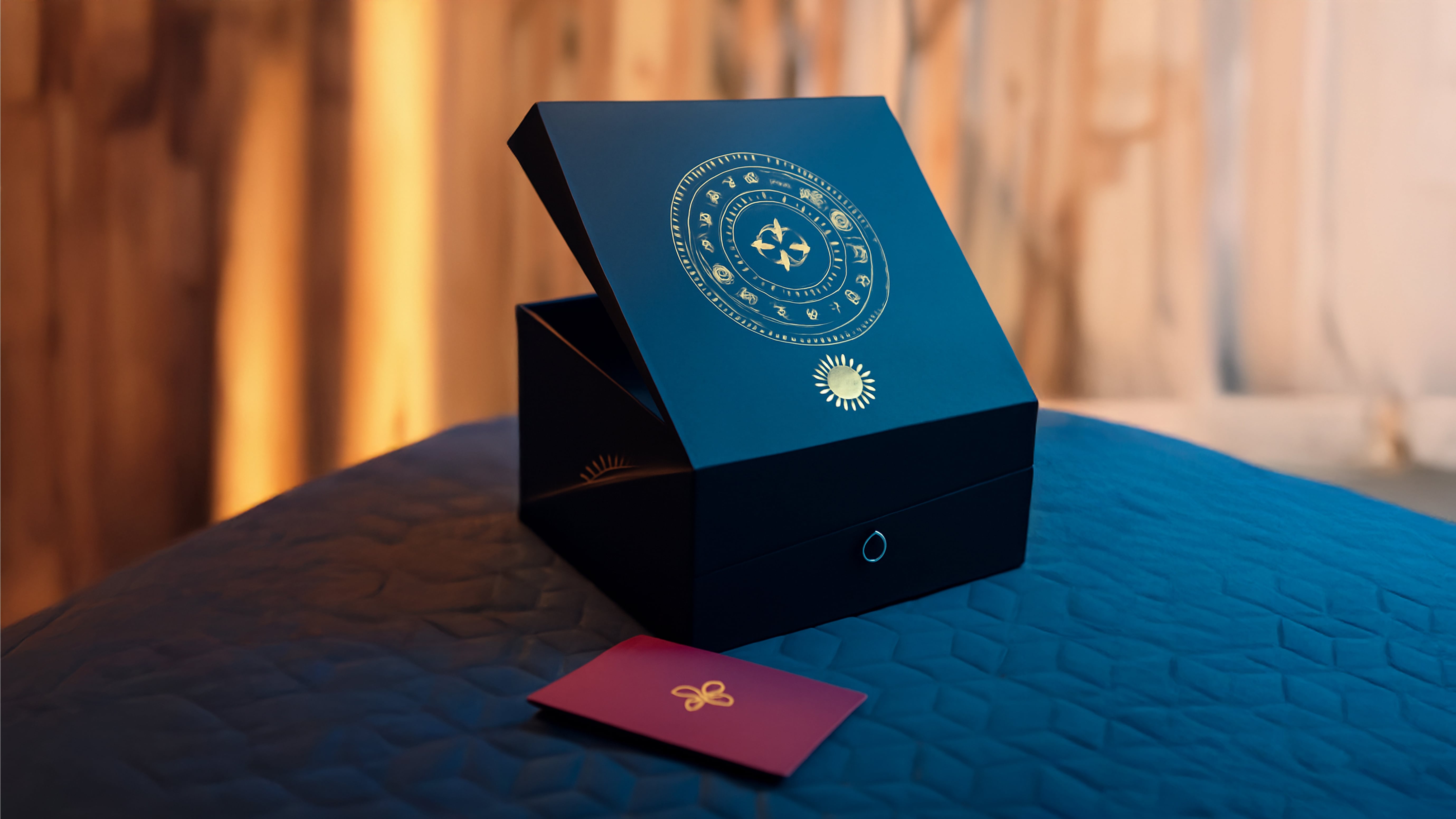 Black decorative box with golden sun and circular symbols on the lid, placed on a blue quilted surface with a small red card nearby.