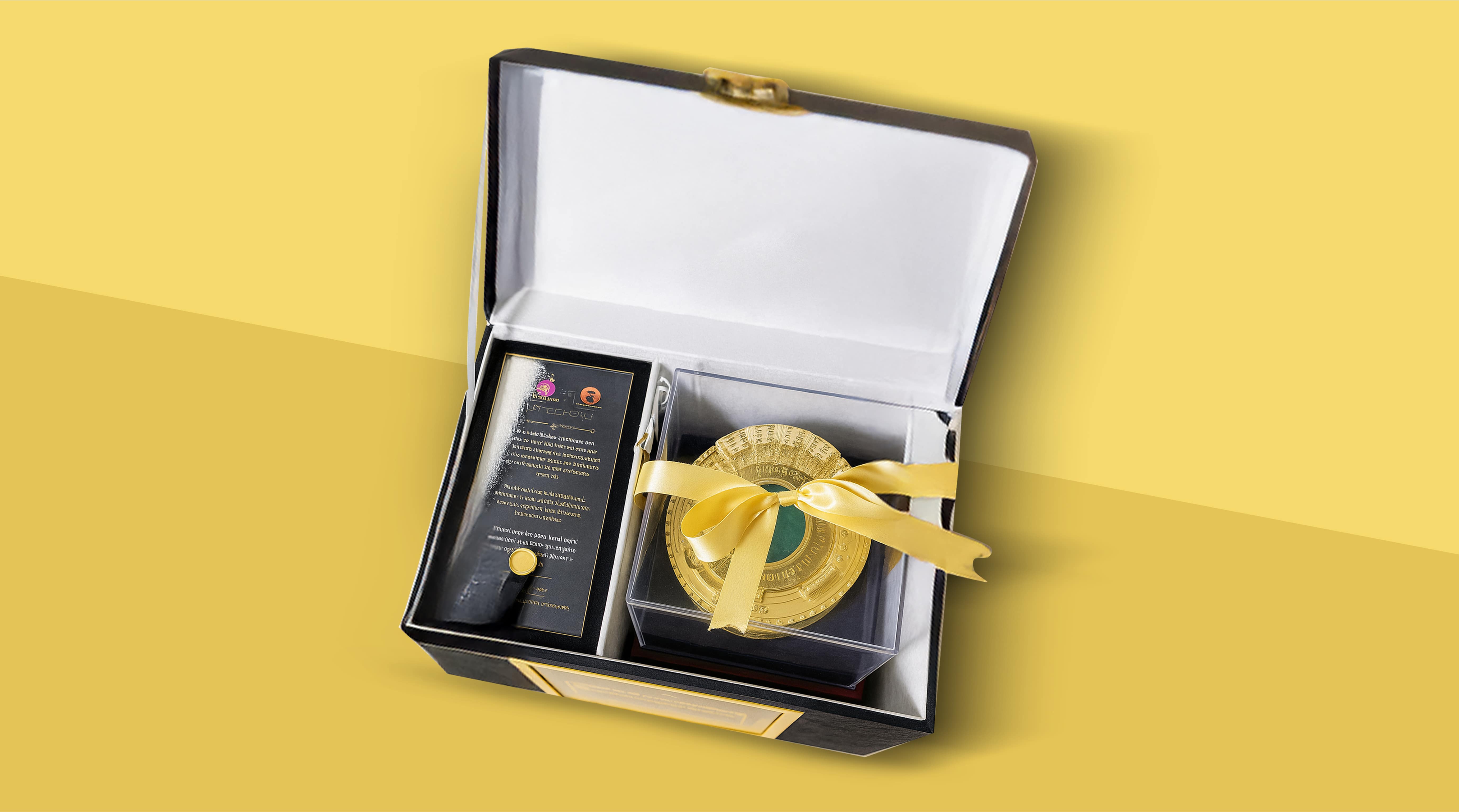 Open black gift box with white interior containing a gold-colored item with a yellow ribbon and a black booklet with gold text.