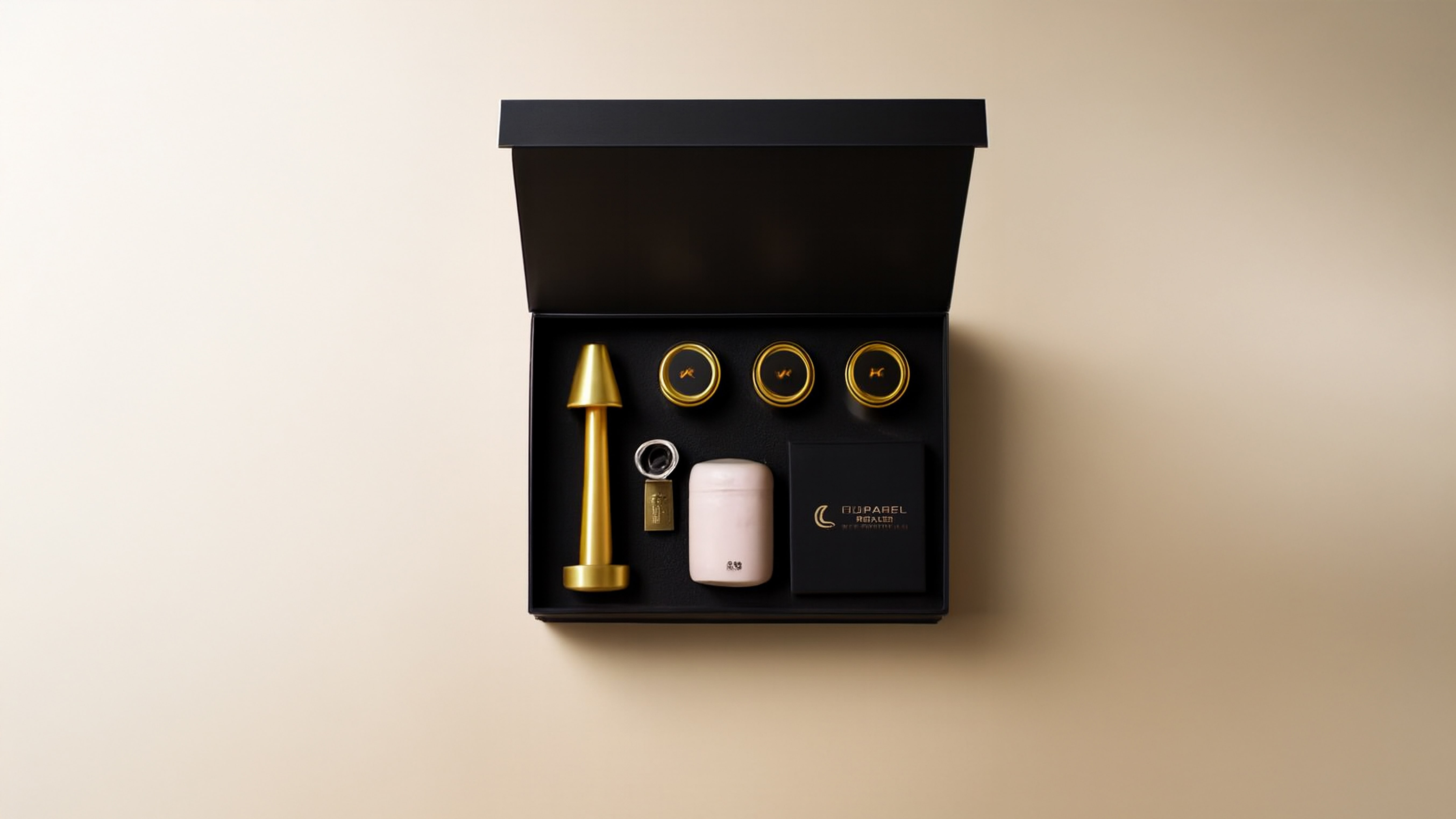 Open black gift box with three small gold tins, a gold cone-shaped tool, a white rounded device, a gold key, and a black booklet labeled 'AUPAREL'.