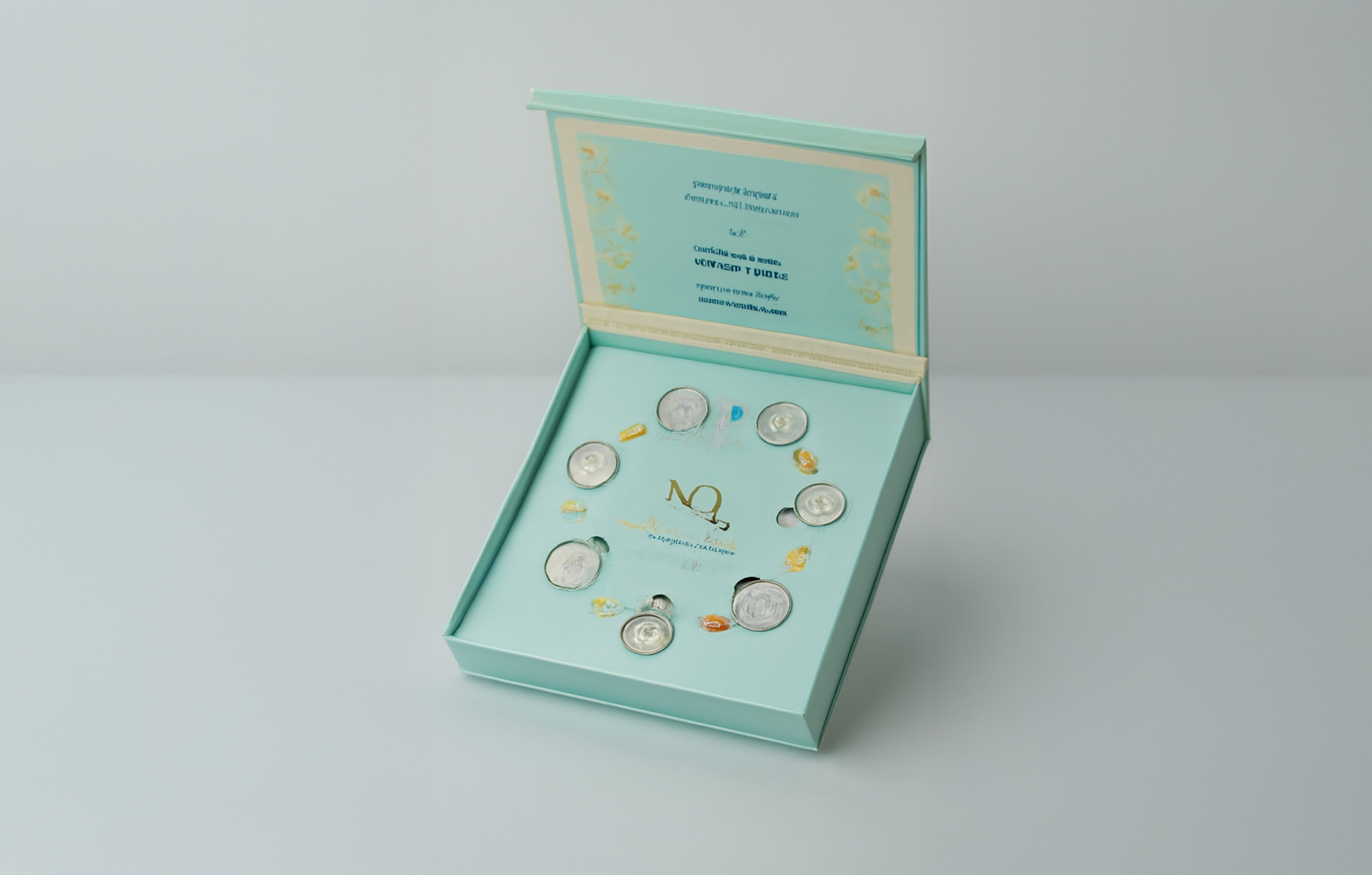 Open light blue box containing six silver coins arranged in a circle with decorative gold accents.