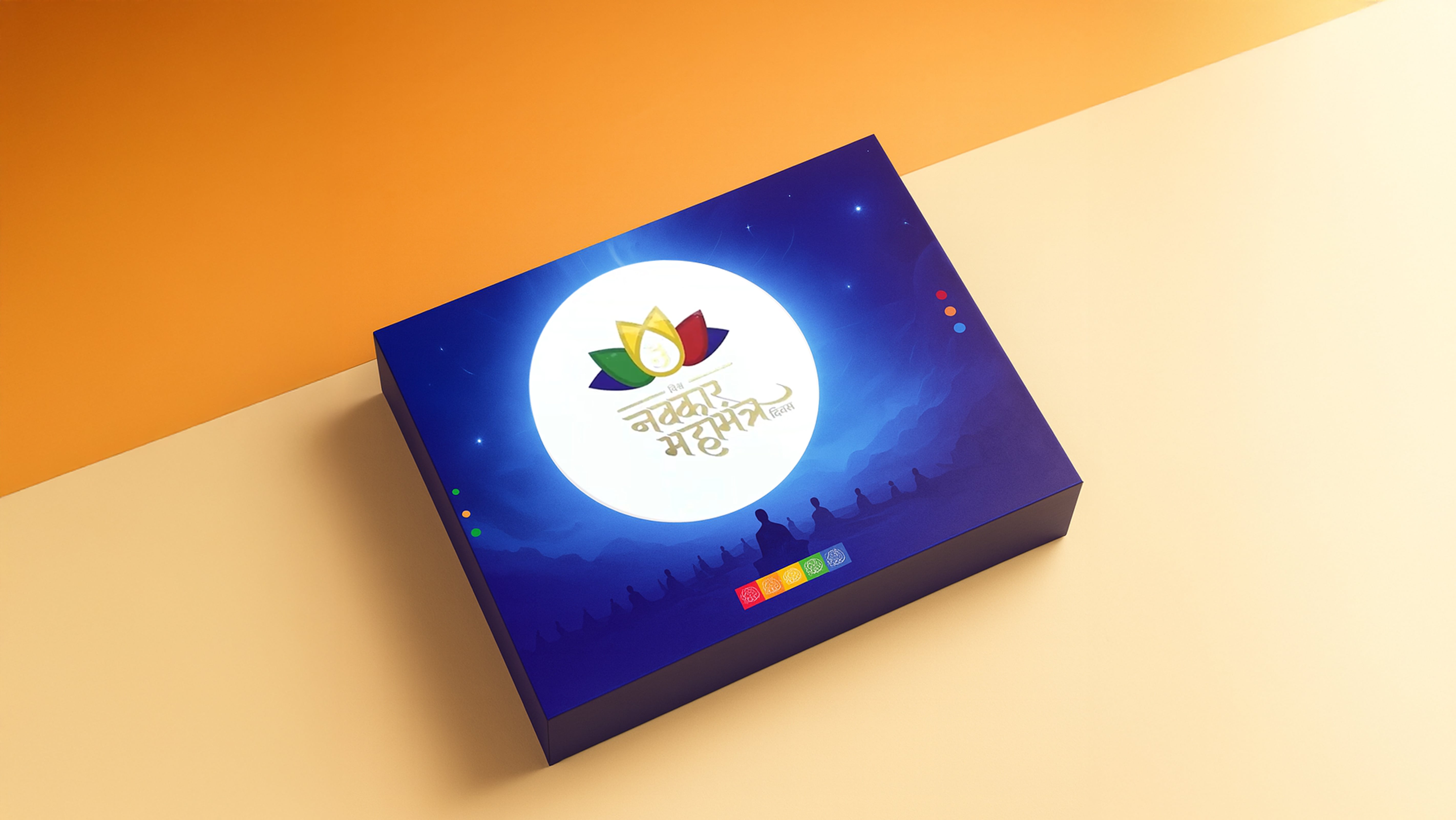 Blue box with a lotus logo and Hindi text placed on a two-tone orange and beige background.