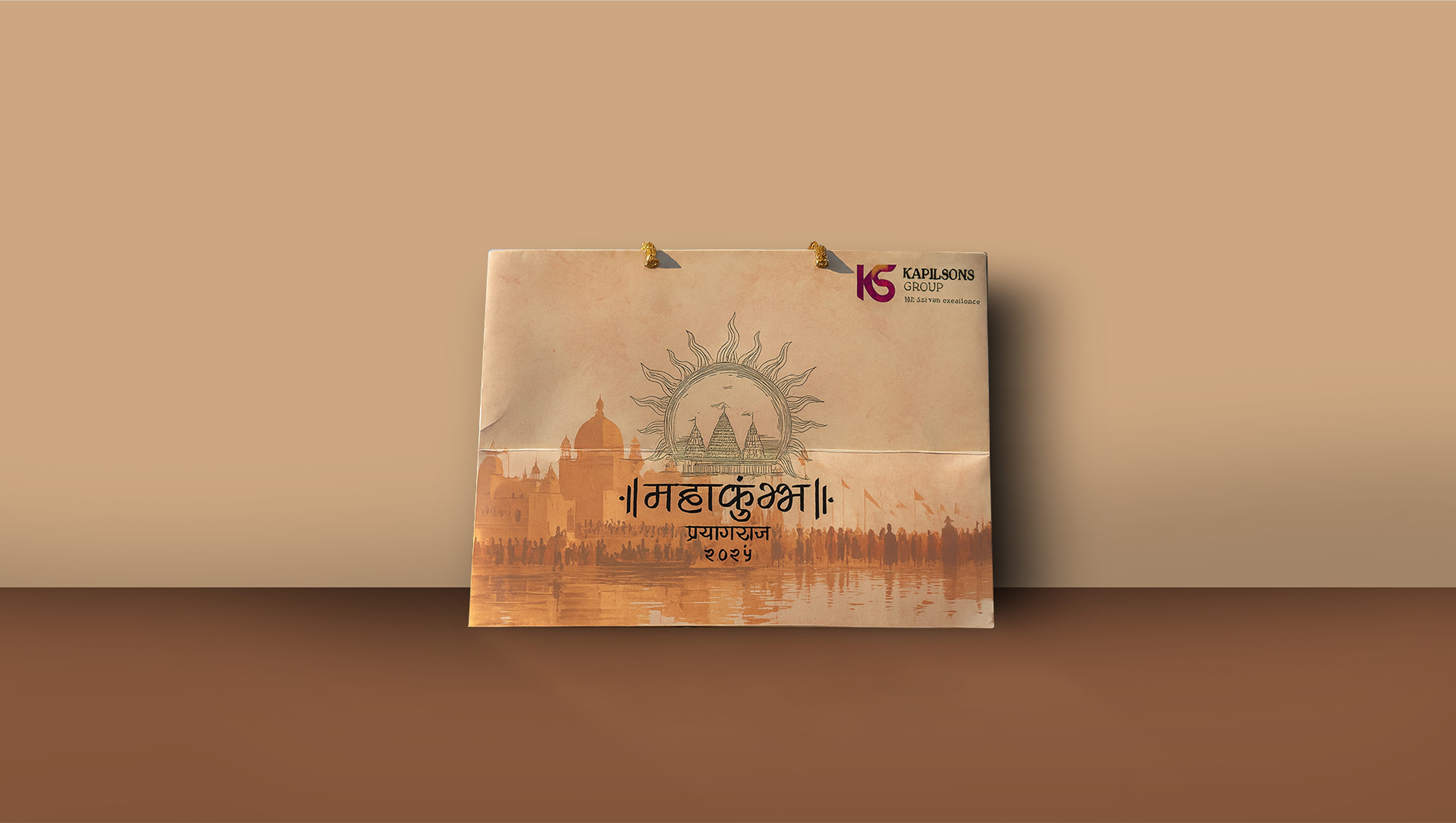 Paper bag with Kapilsons Group logo and an artistic illustration of temples with sun rays and a crowd reflecting in water, labeled in Hindi.