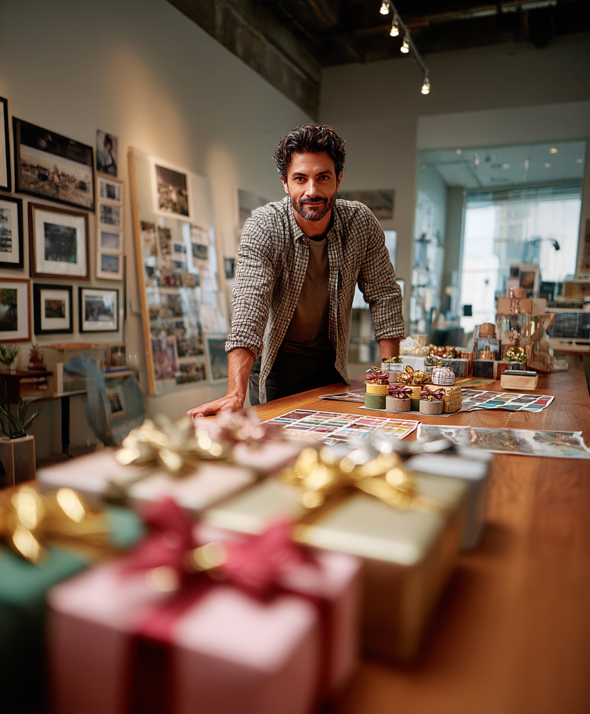 Man leaning on a table filled with wrapped gift boxes and photos in a cozy, art-filled workspace.