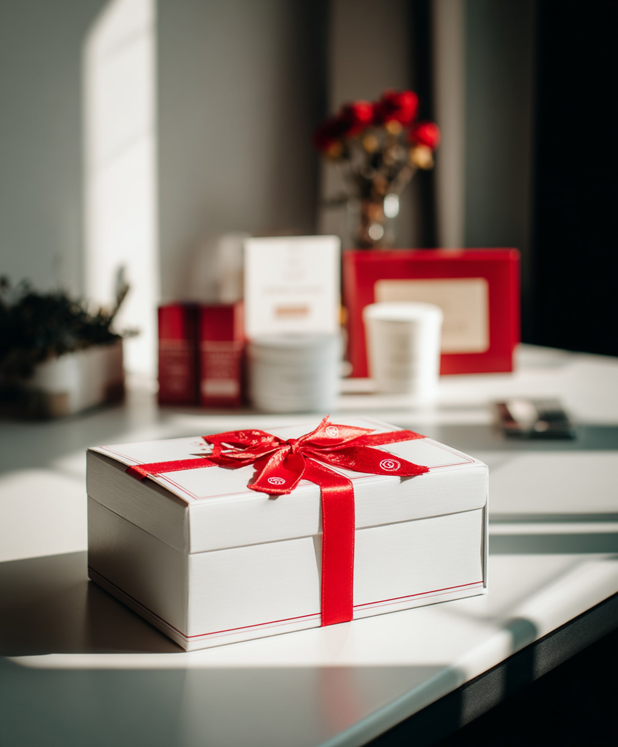 White gift box with a red ribbon bow sits on a sunlit table with blurred gift items and flowers in the background.
