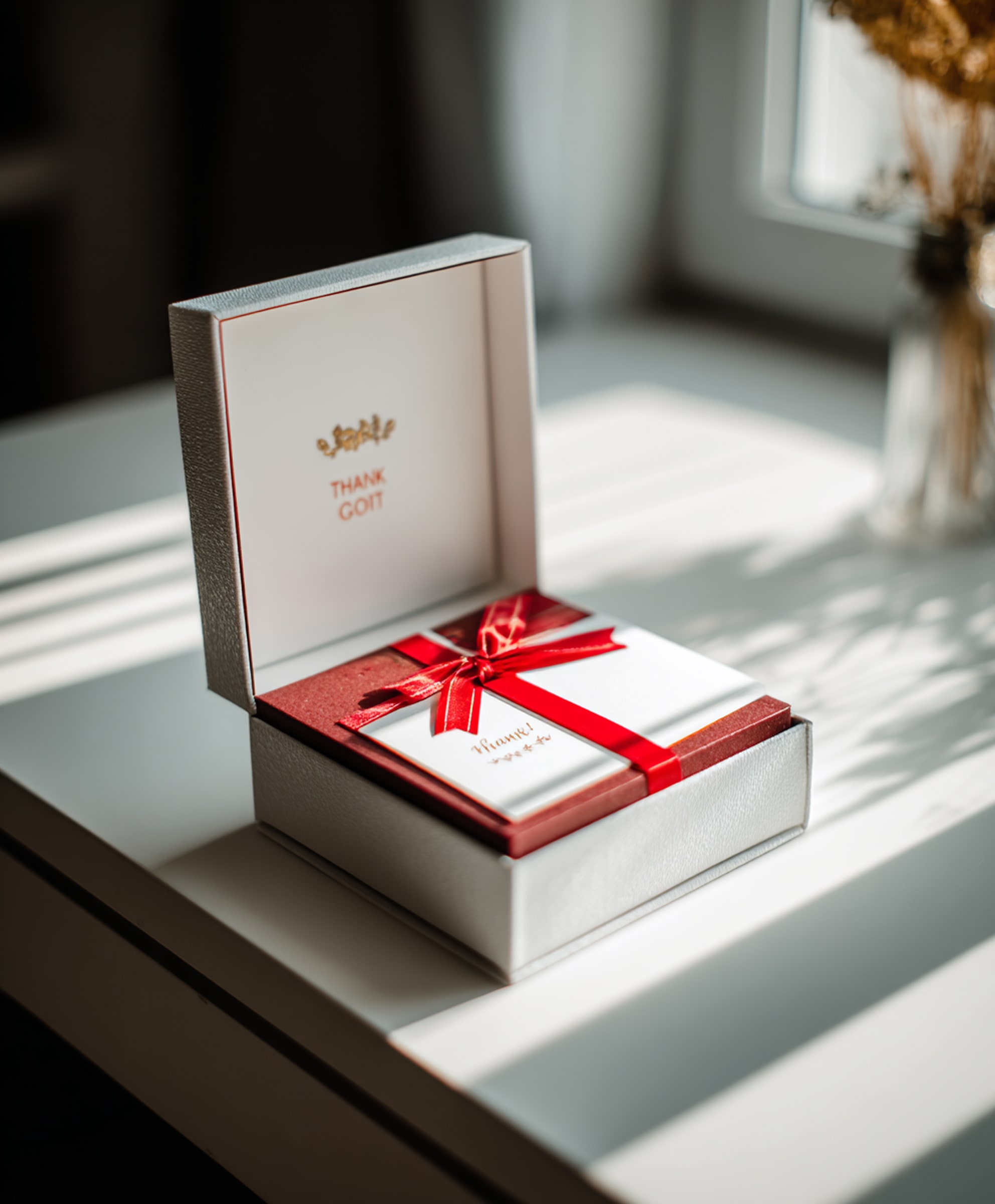 White gift box with red ribbon and a thank you card inside, placed on a white table with sunlight and shadows.