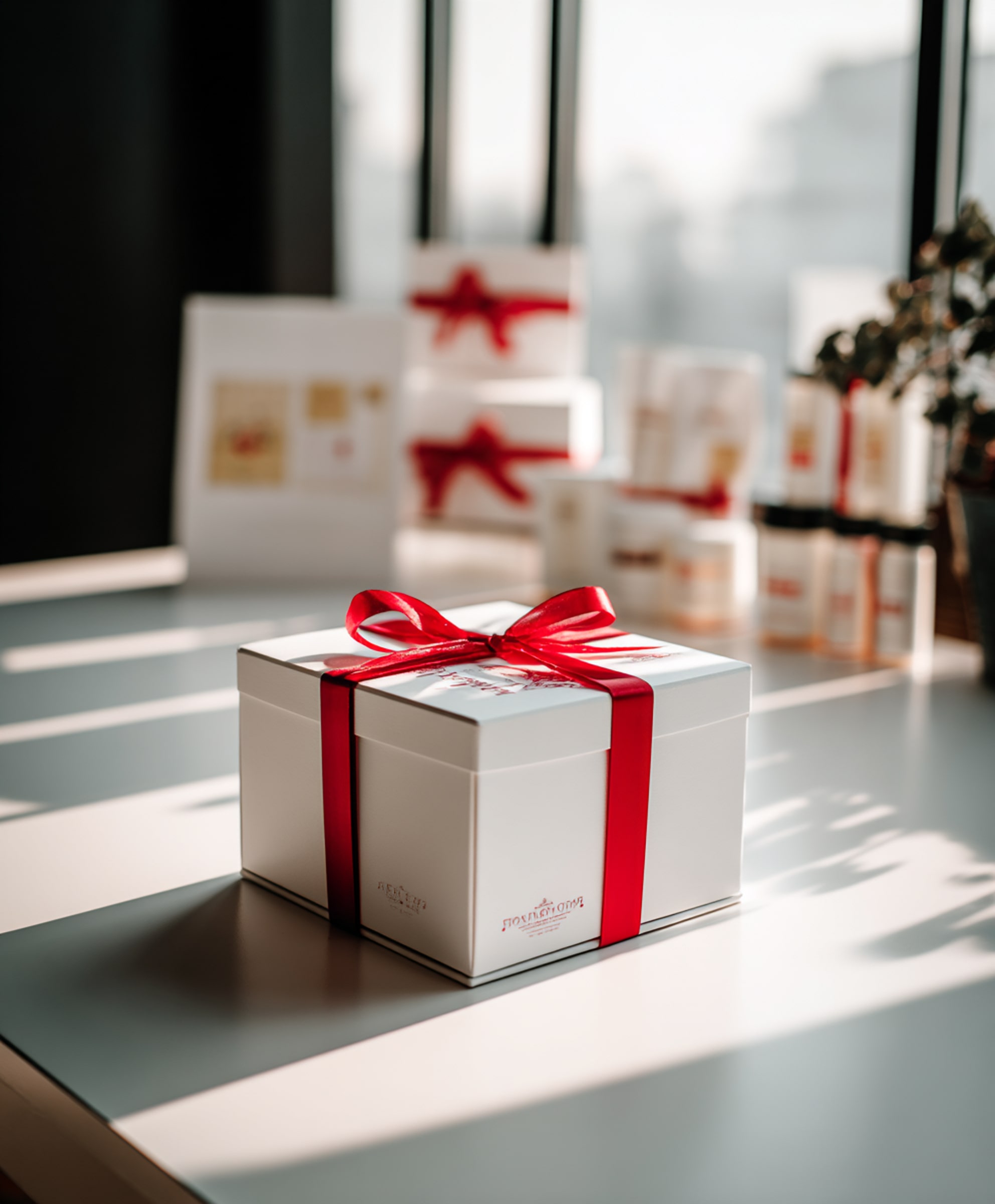 White gift box wrapped with a red ribbon bow on a table with blurred gift boxes in the background.