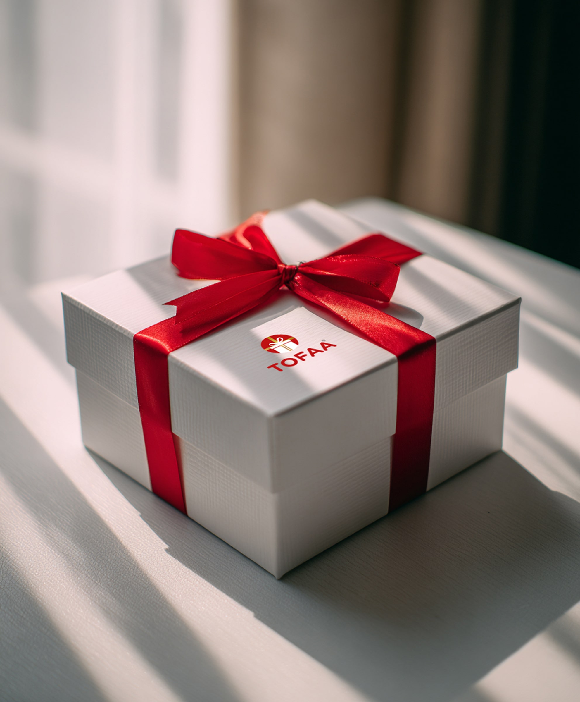 White gift box wrapped with a shiny red ribbon and bow, placed on a table with sunlight casting shadows.