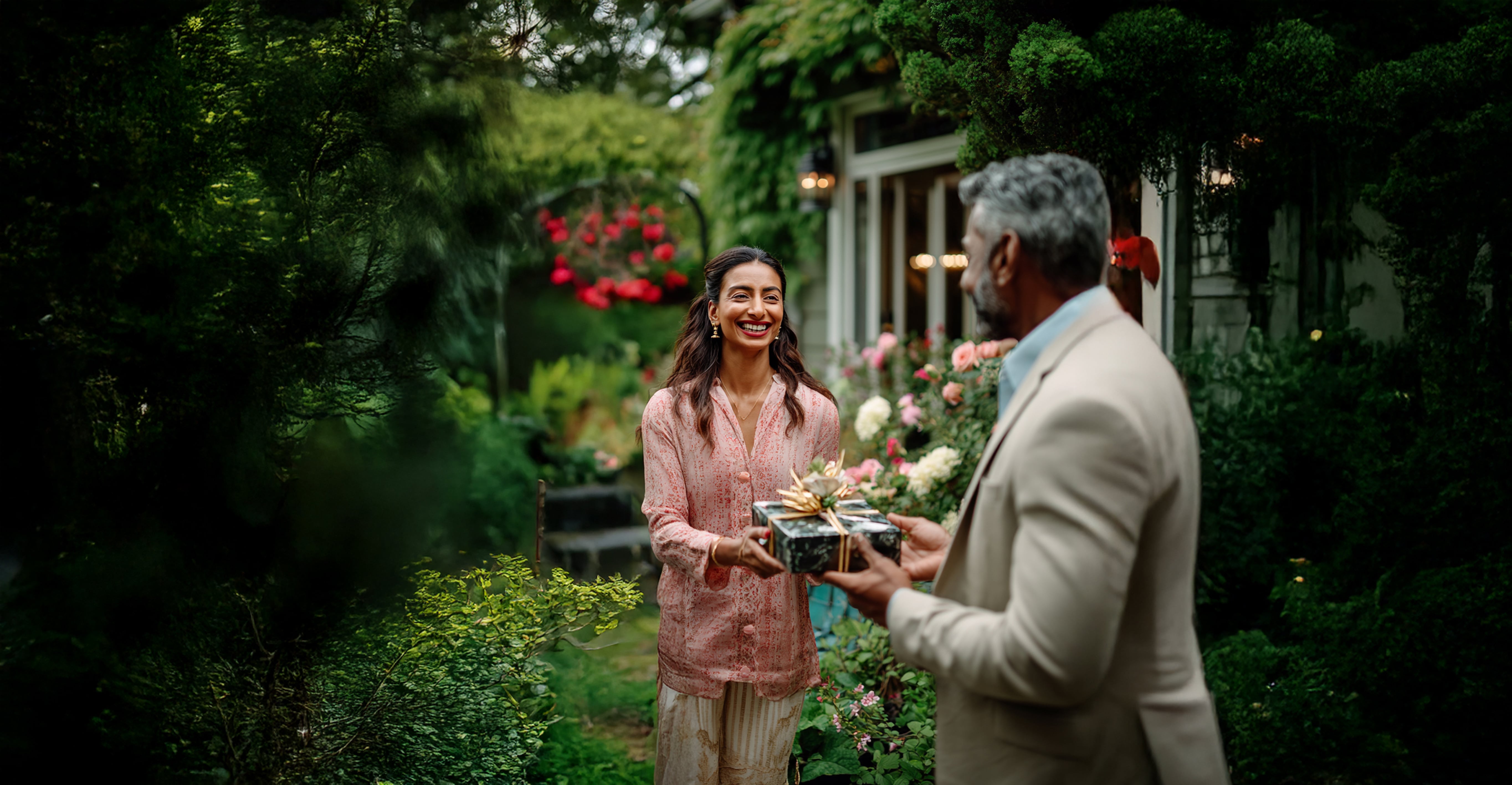 Smiling woman in a pink blouse receiving a wrapped gift from a man in a beige jacket in a garden with flowers and greenery.