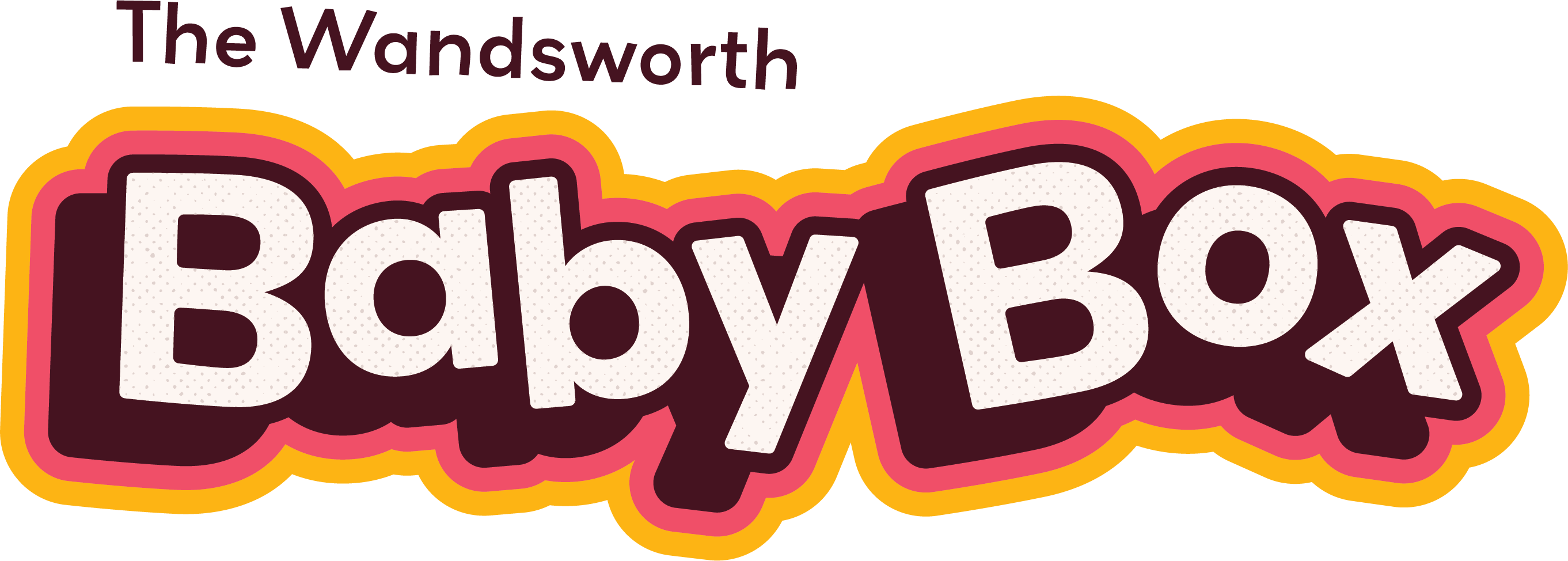 Logo reading The Wandsworth Baby Box with bold, playful letters outlined in pink and orange.