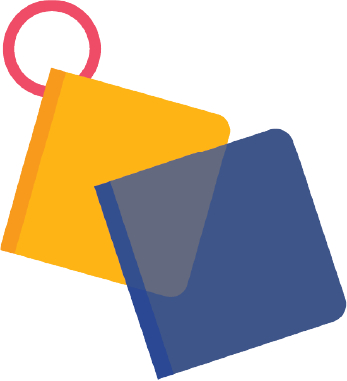 Two overlapping square baby toy blocks, one yellow with a red ring and one blue.