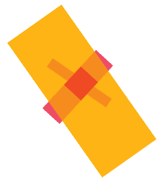 Abstract geometric design with overlapping orange, red, and pink rectangles forming a layered pattern.