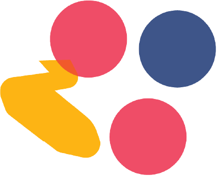 Abstract shapes consisting of two red circles, one blue circle, and one irregular yellow shape on white background.