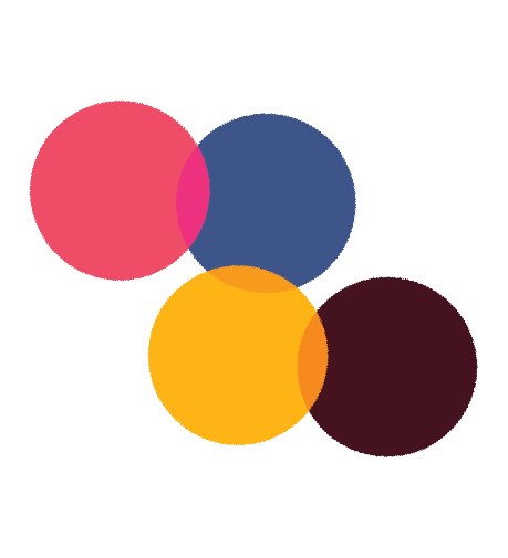 Four overlapping solid-colored circles in red, dark blue, yellow, and dark maroon on a white background.