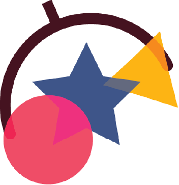 Abstract geometric shapes including a pink circle with a triangle segment, a blue star, an orange triangle, and a curved dark maroon line.