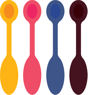 Four colorful baby spoons in yellow, pink, blue, and dark red arranged vertically.