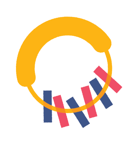 Abstract circular design with an orange curved arc and alternating blue and pink rectangular bars inside the circle.