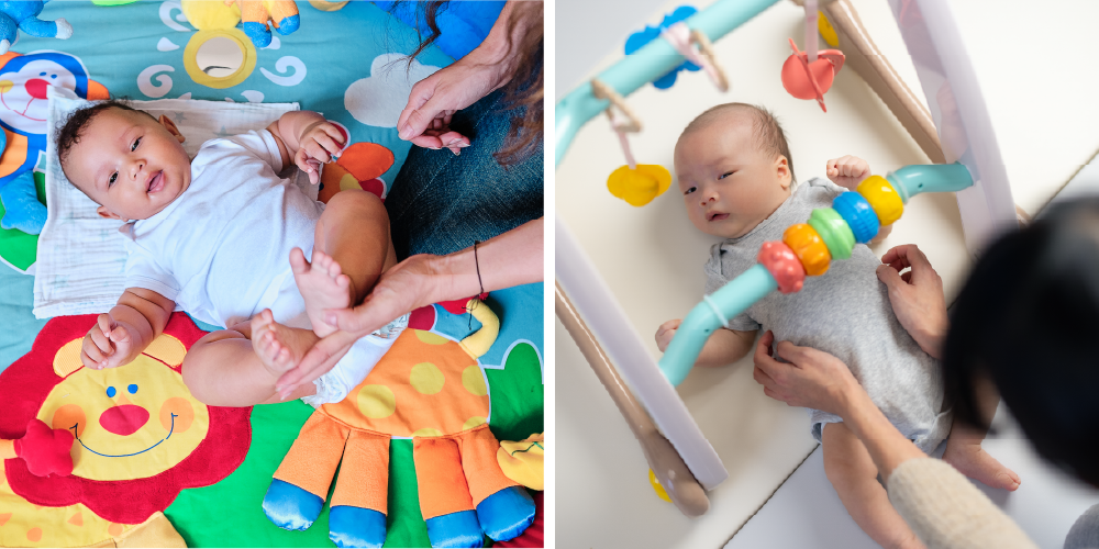 Two infants lying on play mats while adults hold their legs and adjust their positions.