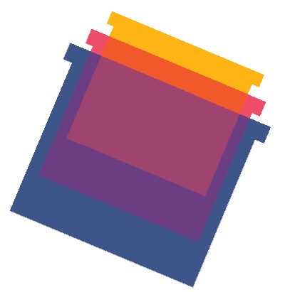 Overlapping translucent squares in dark blue, purple, red, and orange rotated diagonally.