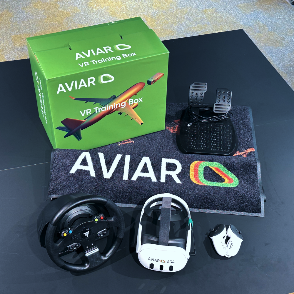 VR Headset, two touch controllers, wheel with pedals and Aviar carpet
