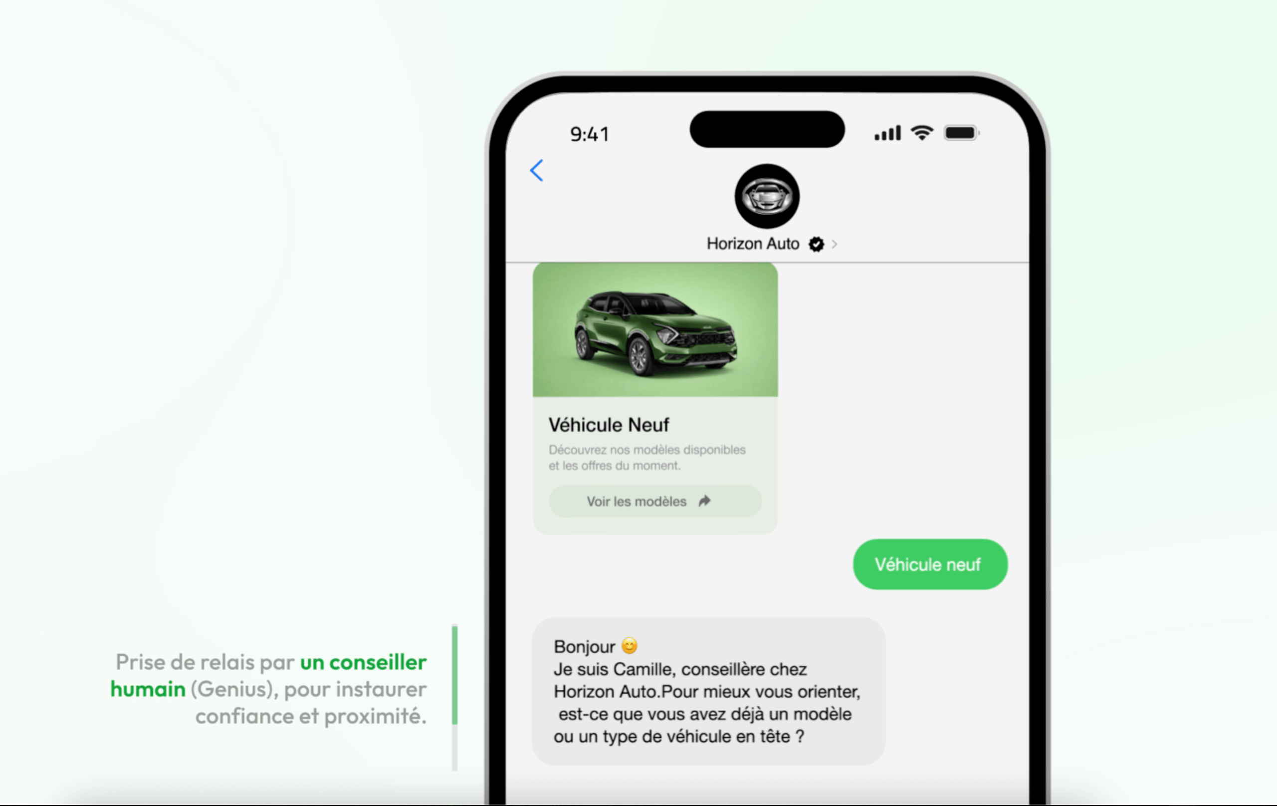 Smartphone screen showing a chat with Horizon Auto: image of a green new vehicle, a user message 'Véhicule neuf', and a reply from Camille, a human advisor, asking about the vehicle model preferences.