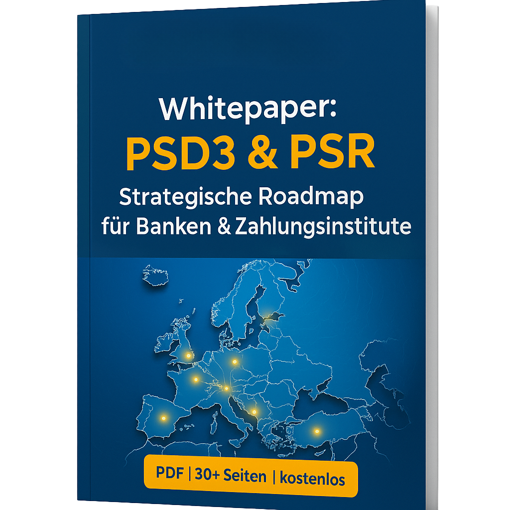 Cover des Finoventis Whitepapers ‚PSD3 & PSR – Strategische Roadmap für Banken und Zahlungsinstitute‘ mit Europa-Silhouette und Netzwerk-Design.