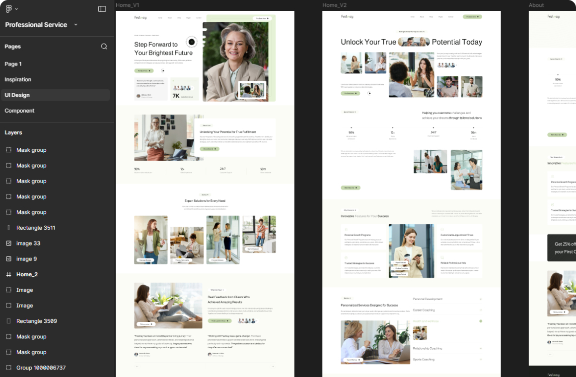 Screenshot of a UI design tool showing a professional service website with multiple pages and layers, featuring two homepage versions with images of diverse professionals, service descriptions, and client testimonials.