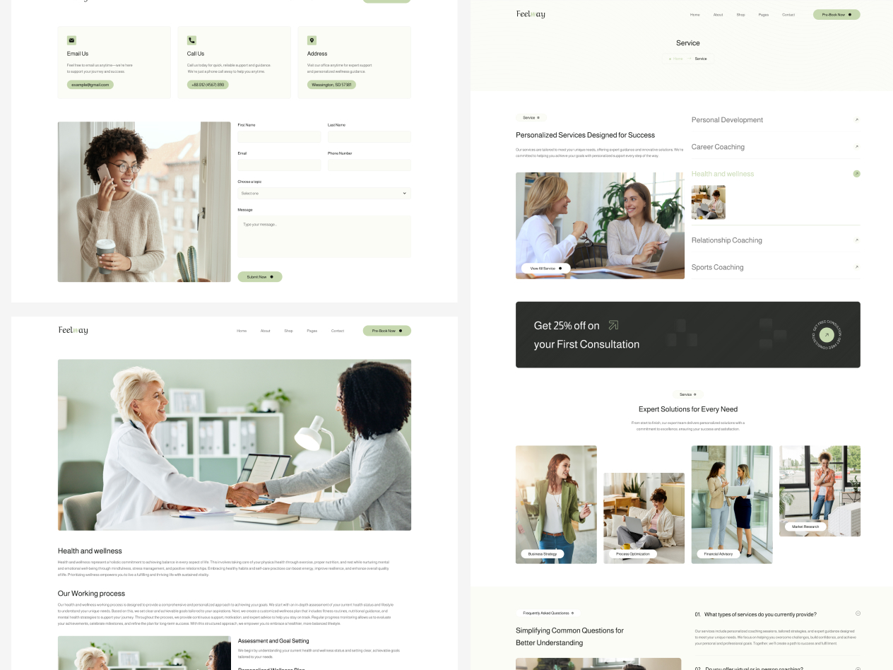 Website layout showing personalized coaching services, contact form, images of diverse people in professional and casual settings, and a discount offer for a consultation.