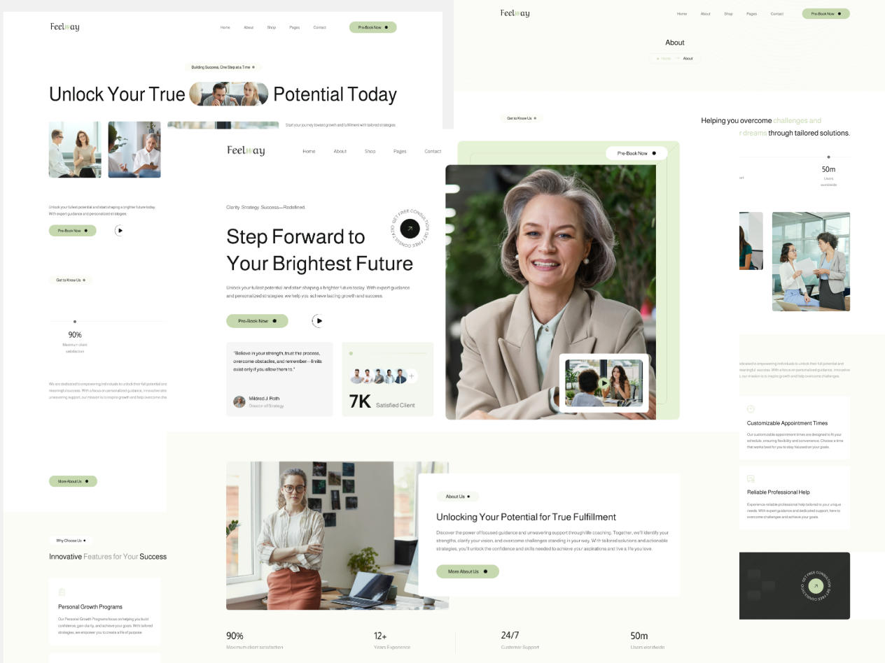 Feelway website homepage showing sections about unlocking potential, client satisfaction, personalized coaching, and professional support with images of smiling professionals.