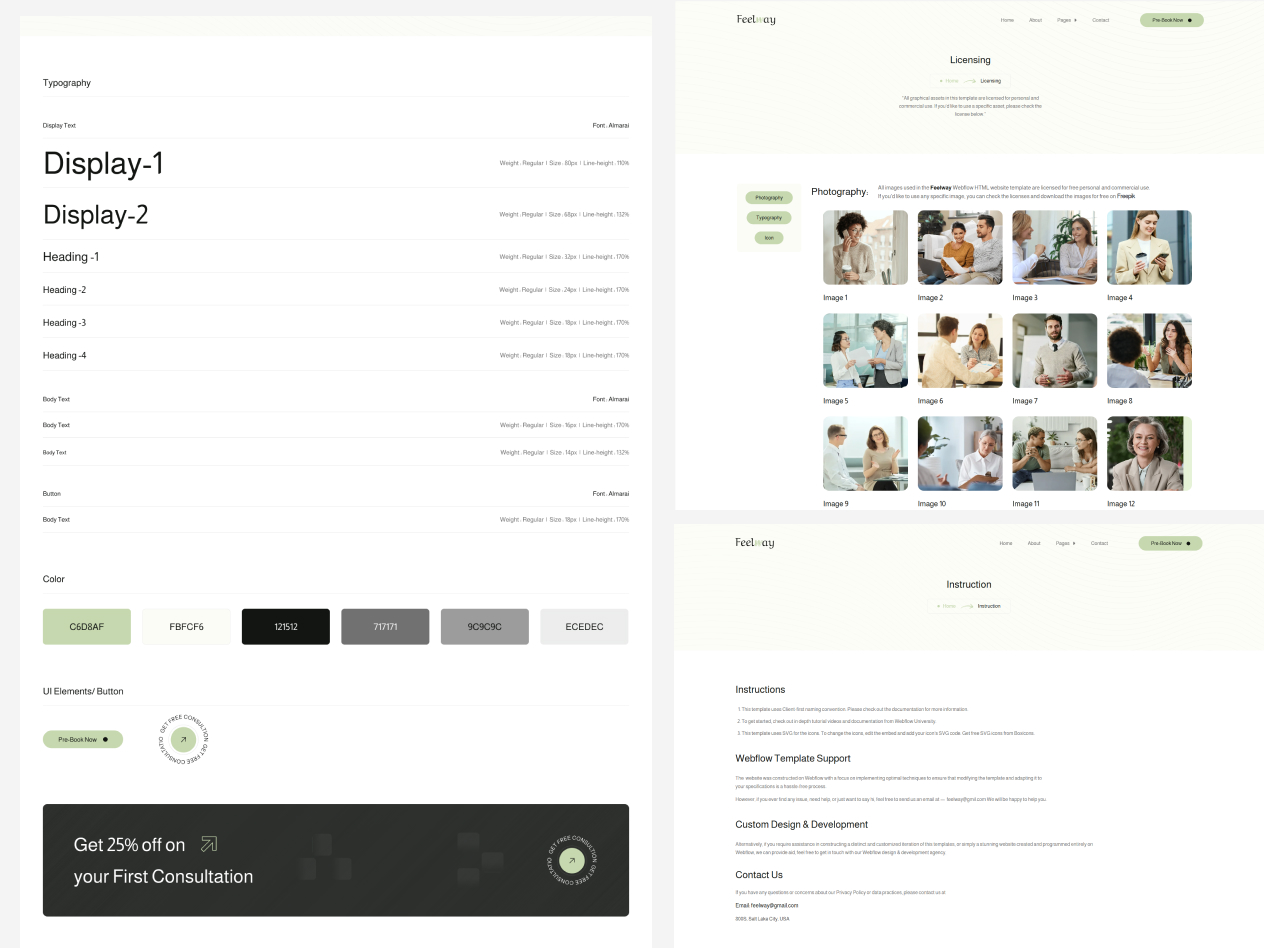 Feelway website style guide showing typography samples, color palette, UI elements, and licensing and instruction pages with photos of diverse people in work and casual settings.