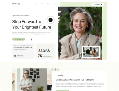 Website homepage featuring a smiling professional woman with gray hair in a beige blazer, alongside text about stepping forward to your brightest future and unlocking potential for true fulfillment.