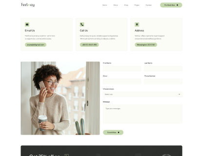 Contact page layout with email, phone, and address details on top, a smiling woman holding a coffee cup and talking on the phone, and a contact form with fields for first name, last name, email, phone number, subjects, and a message box.