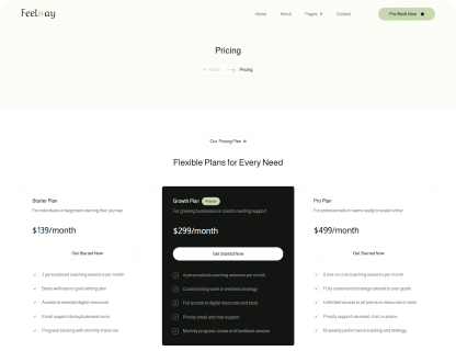 Pricing section with three subscription plans: Starter Plan at $139/month, Growth Plan at $299/month with a 'Popular' label, and Pro Plan at $499/month.