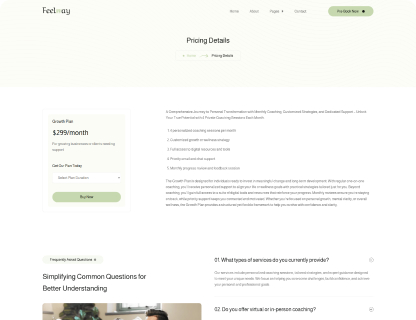 Feelway pricing page showing Growth Plan at $299/month with benefits like personal coaching, guided resources, and monthly progress review.