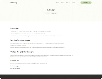 Screenshot of a minimalistic webpage with instructions for Webflow Template Support and Custom Design & Development by Feelway.