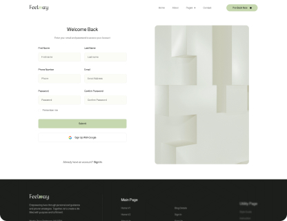 User registration form with fields for first name, last name, phone number, email, password, and confirm password, alongside a minimalistic abstract wall art image.