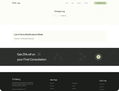 Website page showing Feelway logo, navigation menu, change log heading with a message about version 1.0 release, and a dark banner offering 25% off first consultation.