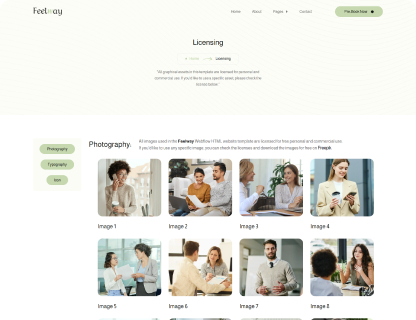 Website licensing page showing photography images of diverse people in casual and professional settings.