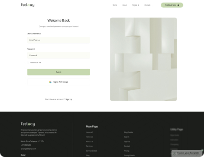 Feelway login page with fields for username and password, submit button, and option to sign in with Google beside an abstract white geometric wall image.